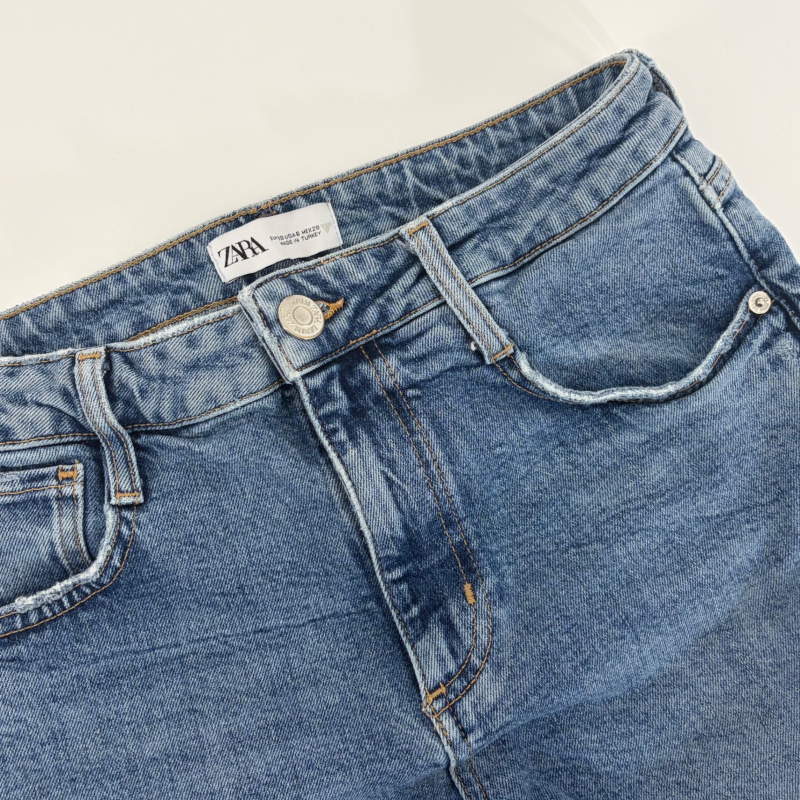 Zara Join Life Womens High Rise Distressed Straight Leg Jeans Blue 6 Raw Hem
